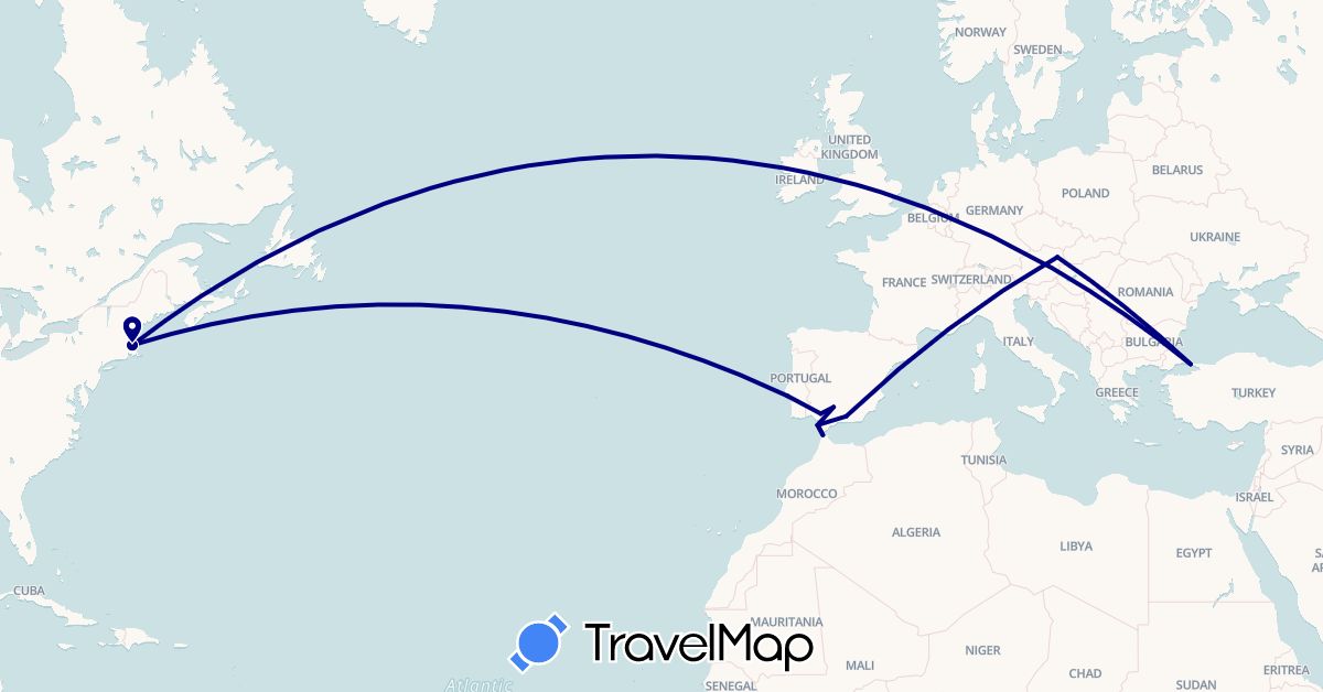 TravelMap itinerary: driving in Austria, Spain, Morocco, Portugal, Turkey, United States (Africa, Asia, Europe, North America)